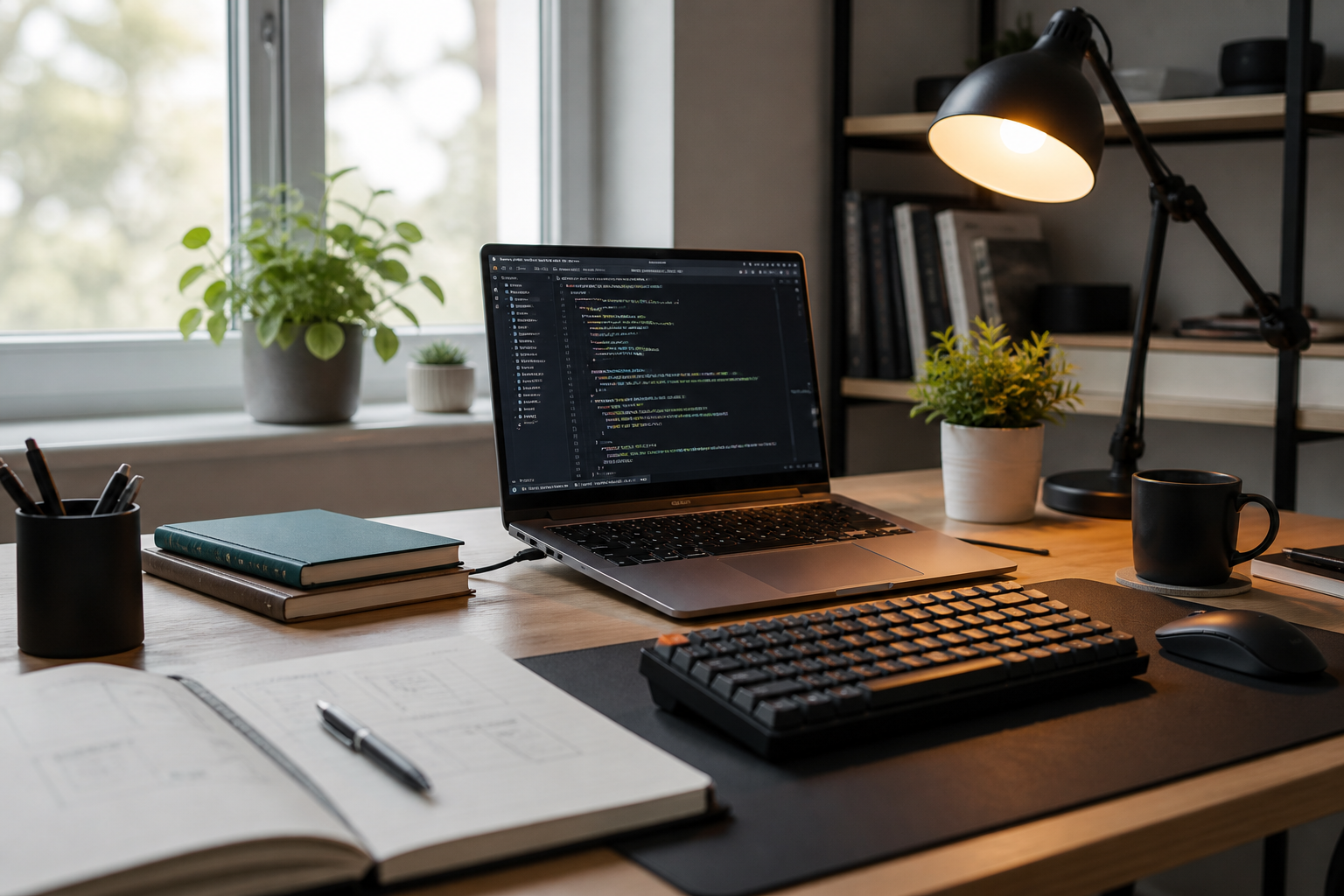 A focused software workspace with a laptop, notebook, keyboard, and coffee on a desk.